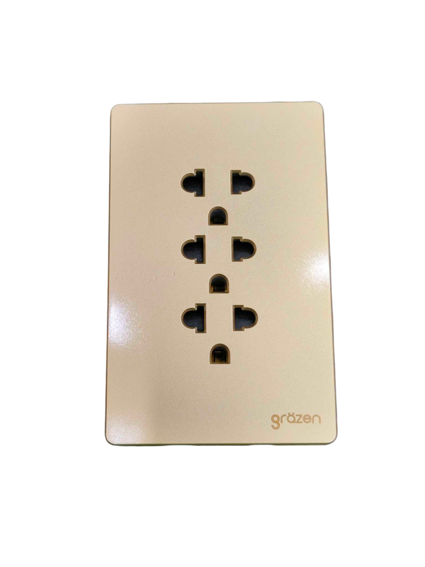 Grazen 3 Gang Universal Outlet beige glossy faceplate with three stacked universal sockets and logo