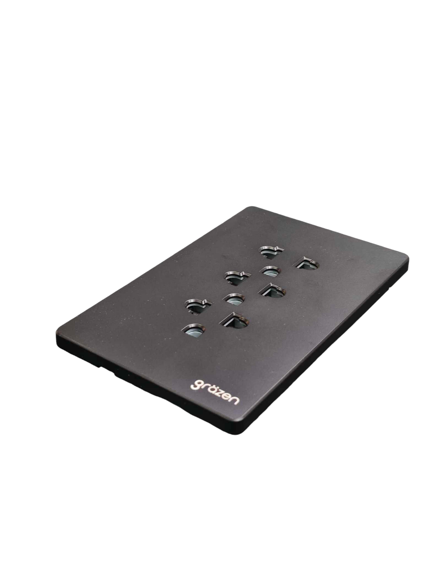 Grazen 3 Gang Universal Outlet black slim faceplate with three universal sockets and Grazen logo