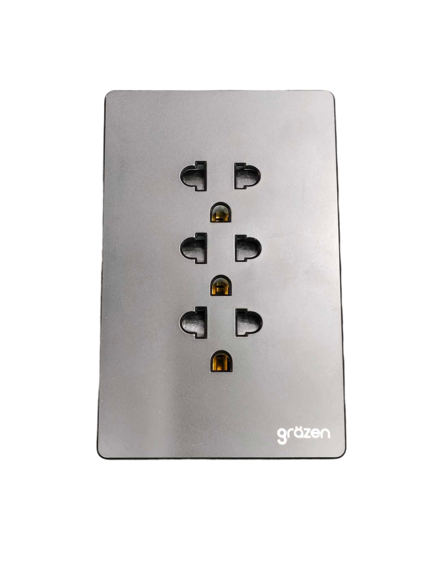 Grazen 3 Gang Universal Outlet silver metal wall plate with three stacked universal sockets and Grazen logo