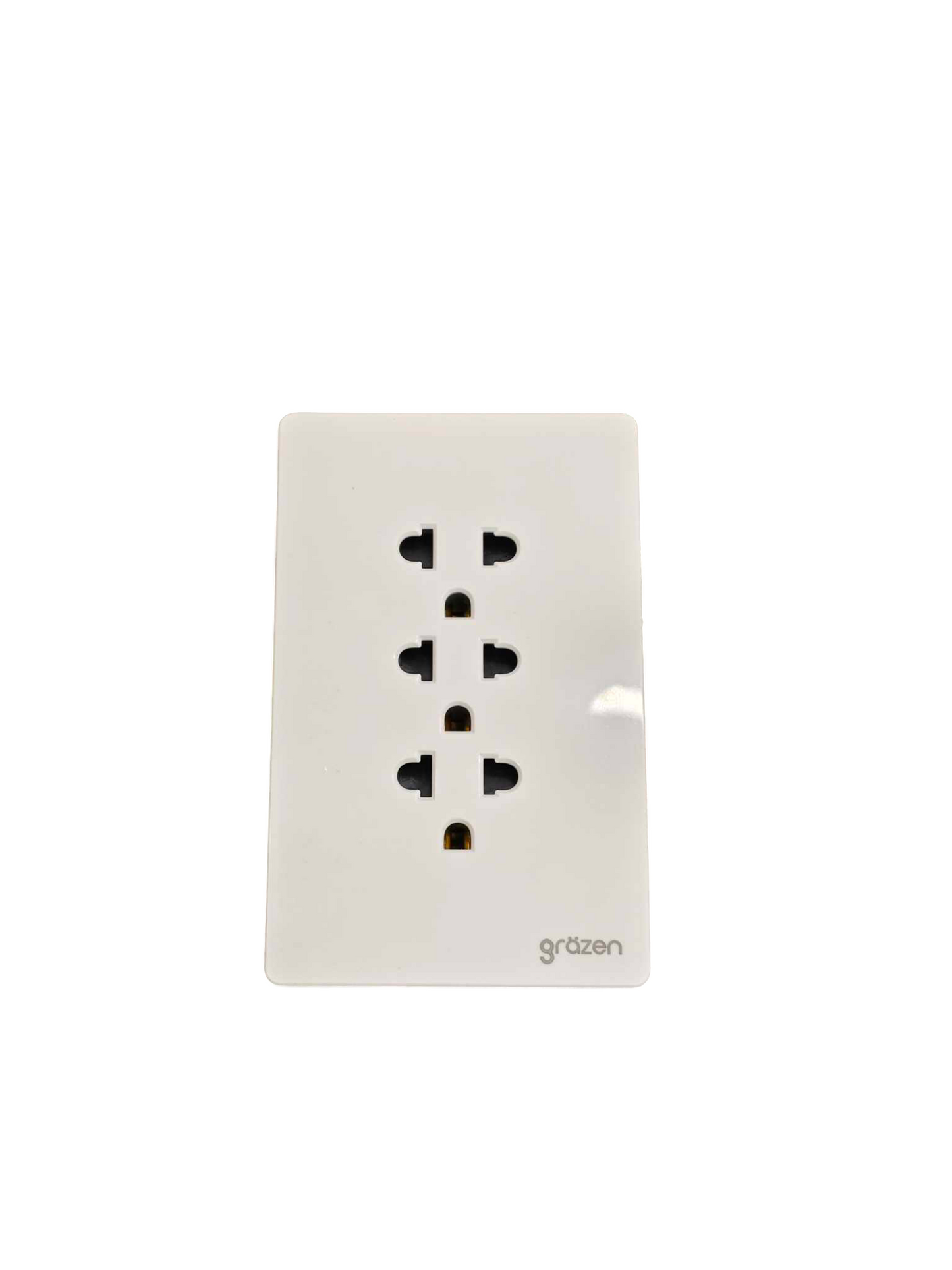 Grazen 3 Gang Universal Outlet white vertical wall plate with three universal sockets and subtle Grazen logo
