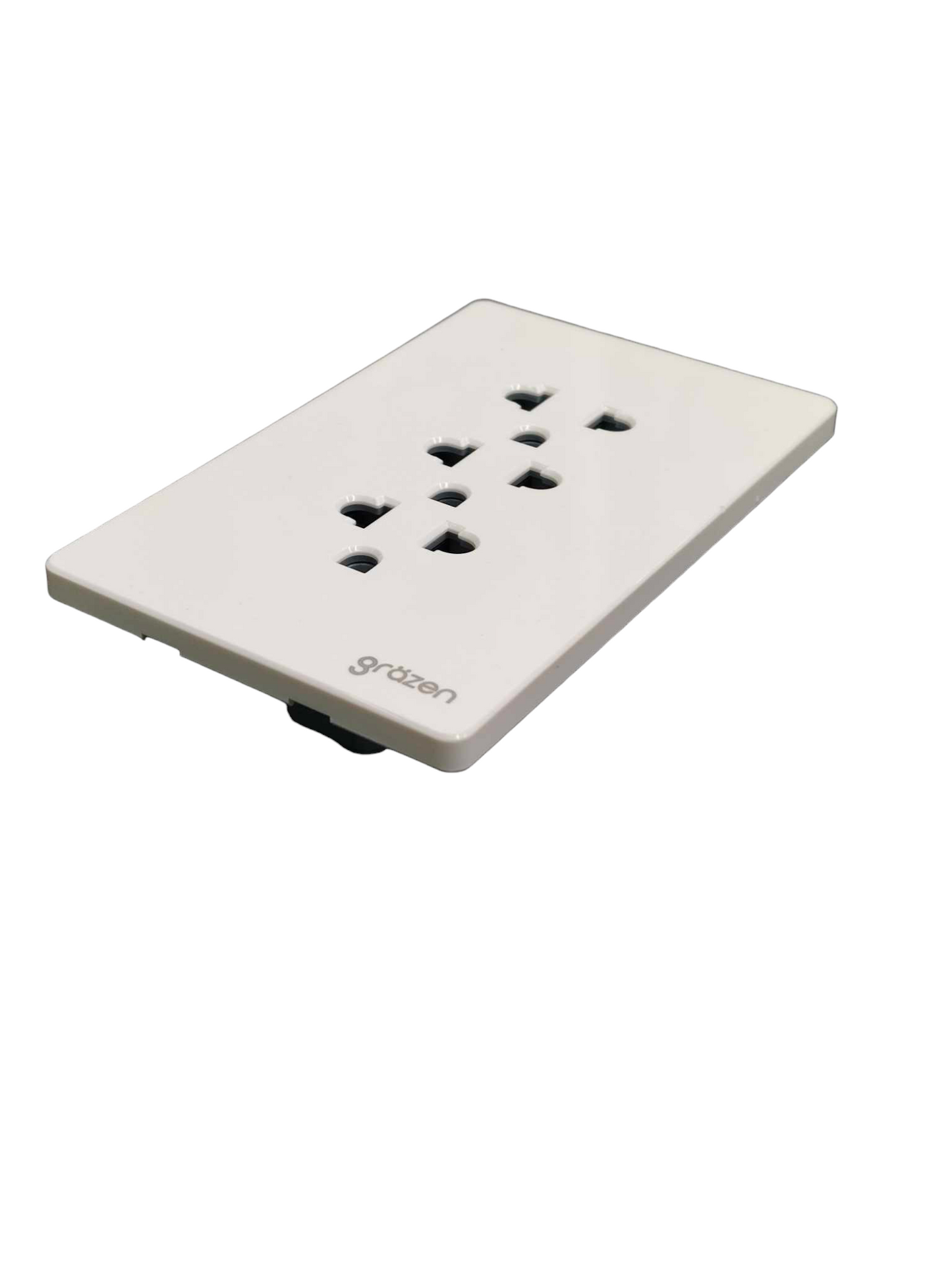 Grazen 3 Gang Universal Outlet white rectangular wall plate with three universal sockets and logo