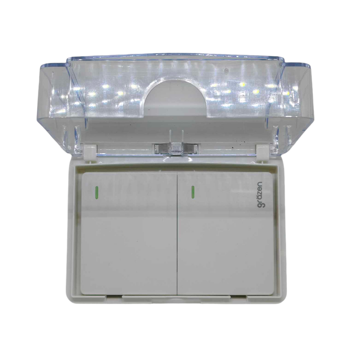 Grazen outdoor electrical switch 16A 220V with a clear protective cover and dual switches