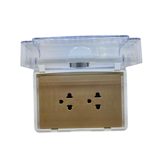 Grazen Weatherproof Duplex outlet 16A with a clear protective cover and multiple sockets for outdoor use