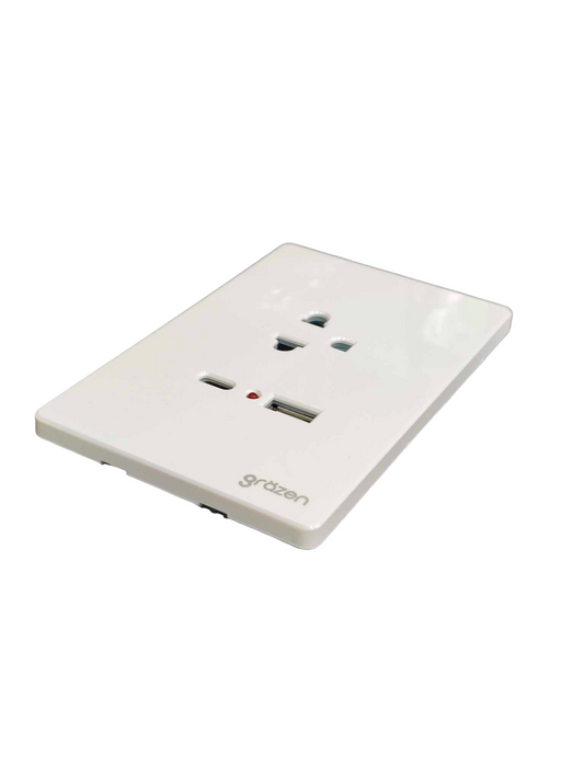 Grazen 1 gang outlet with USB-C and USB-A in white power point with modern design