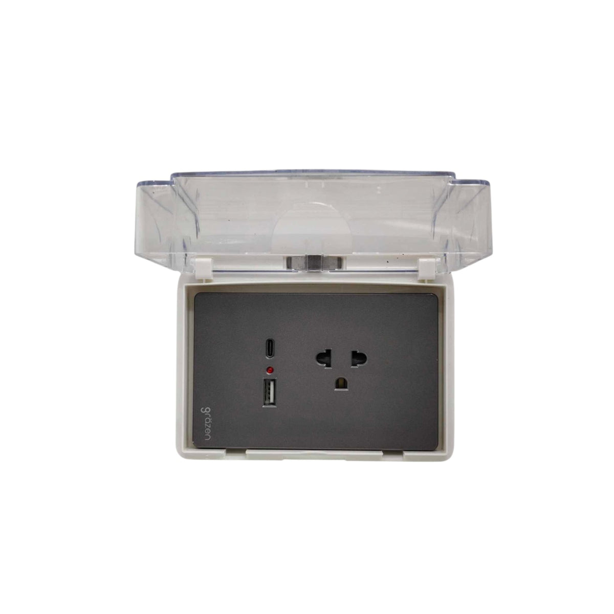Grazen Weatherproof Plate Cover with Universal with Ground Outlet with USB-C and USB-A 2100mAh 5V DC WC-019-W+GW-014 Available in White, Black, Grey and Gold
