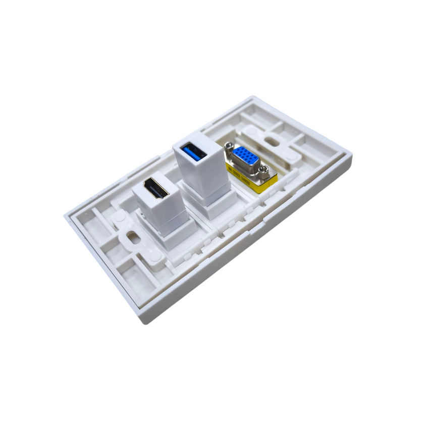 Grippes HDMI VGA USB wall outlet with multiple connection ports for versatile device connectivity