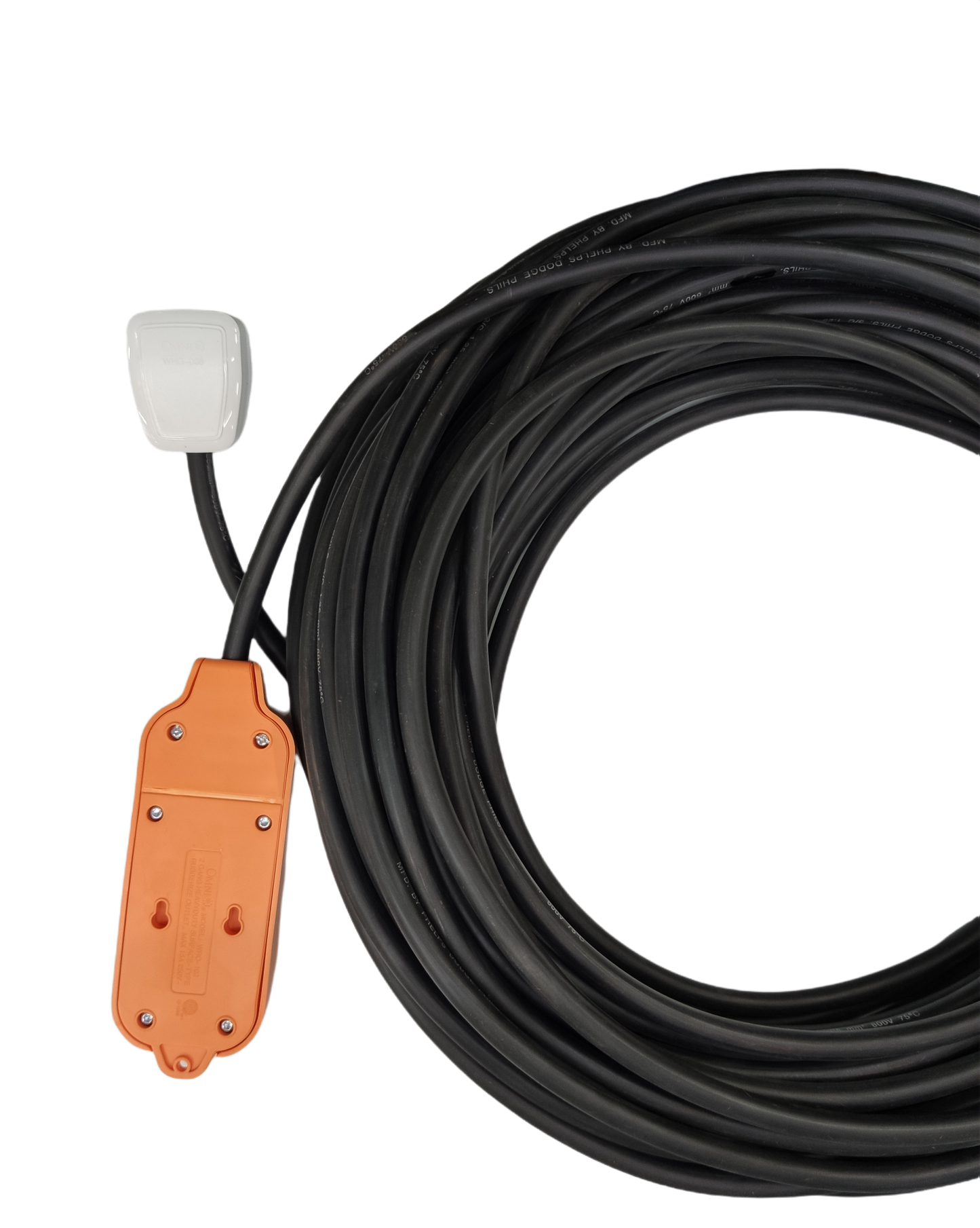 Omni & Phelps Dodge heavy duty extension cord 15A with long black cable and orange outlet plug