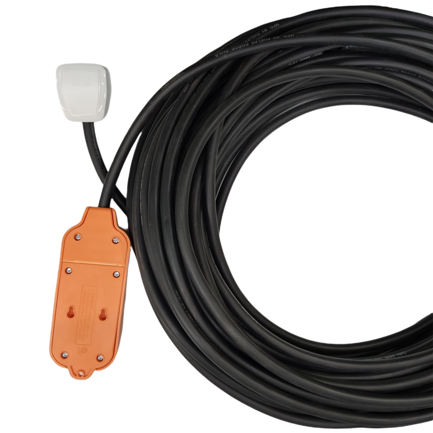 Omni & Phelps Dodge heavy duty extension cord 15A in black with orange outlet box for reliable power connection