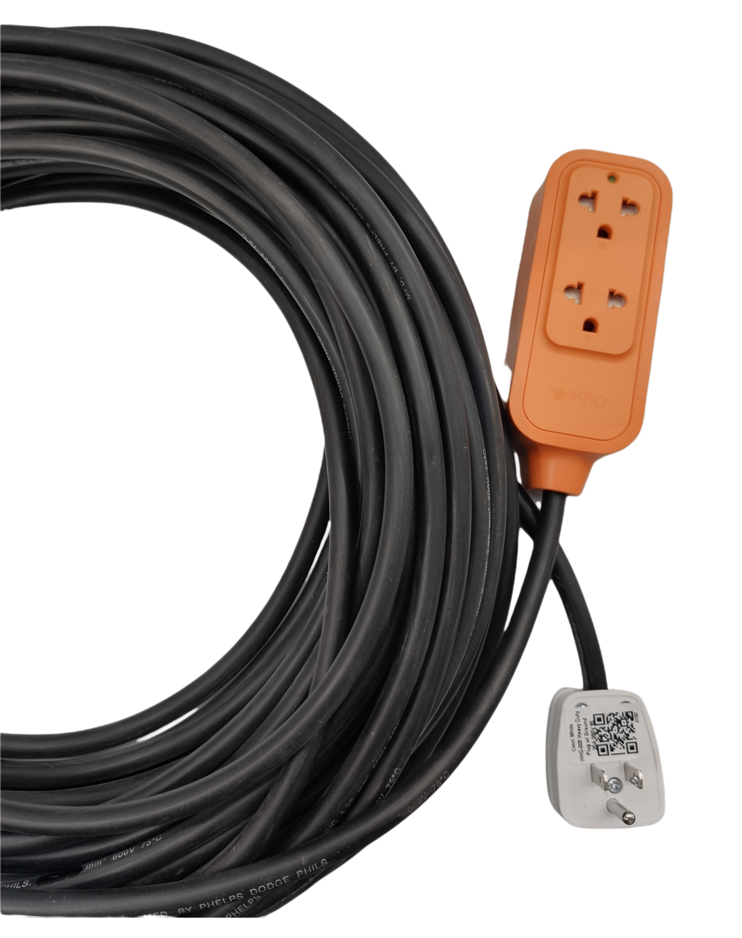 Omni & Phelps Dodge heavy duty extension cord 15A with orange power strip and long black cable