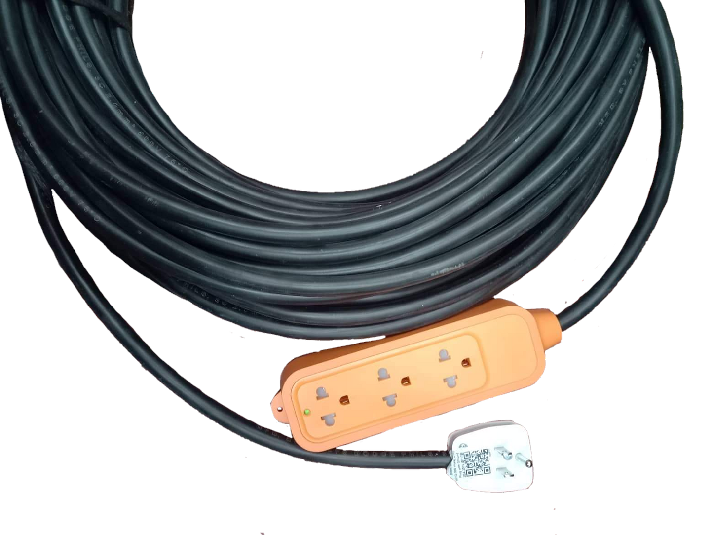 Omni & Phelps Dodge heavy duty extension cord with ground and orange power strip on black background