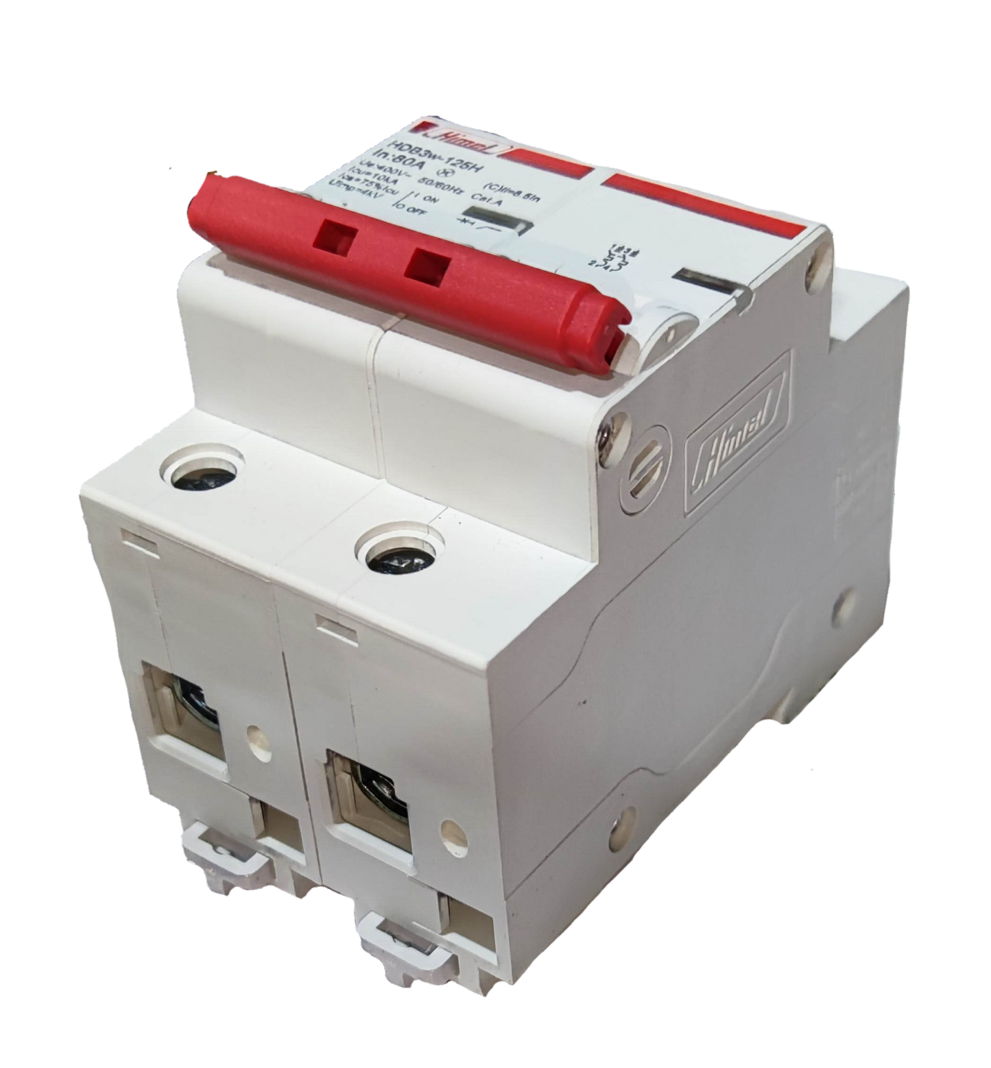 Himel 20A 3 6 Kaic 3 pole circuit breaker with white body and red switch handle