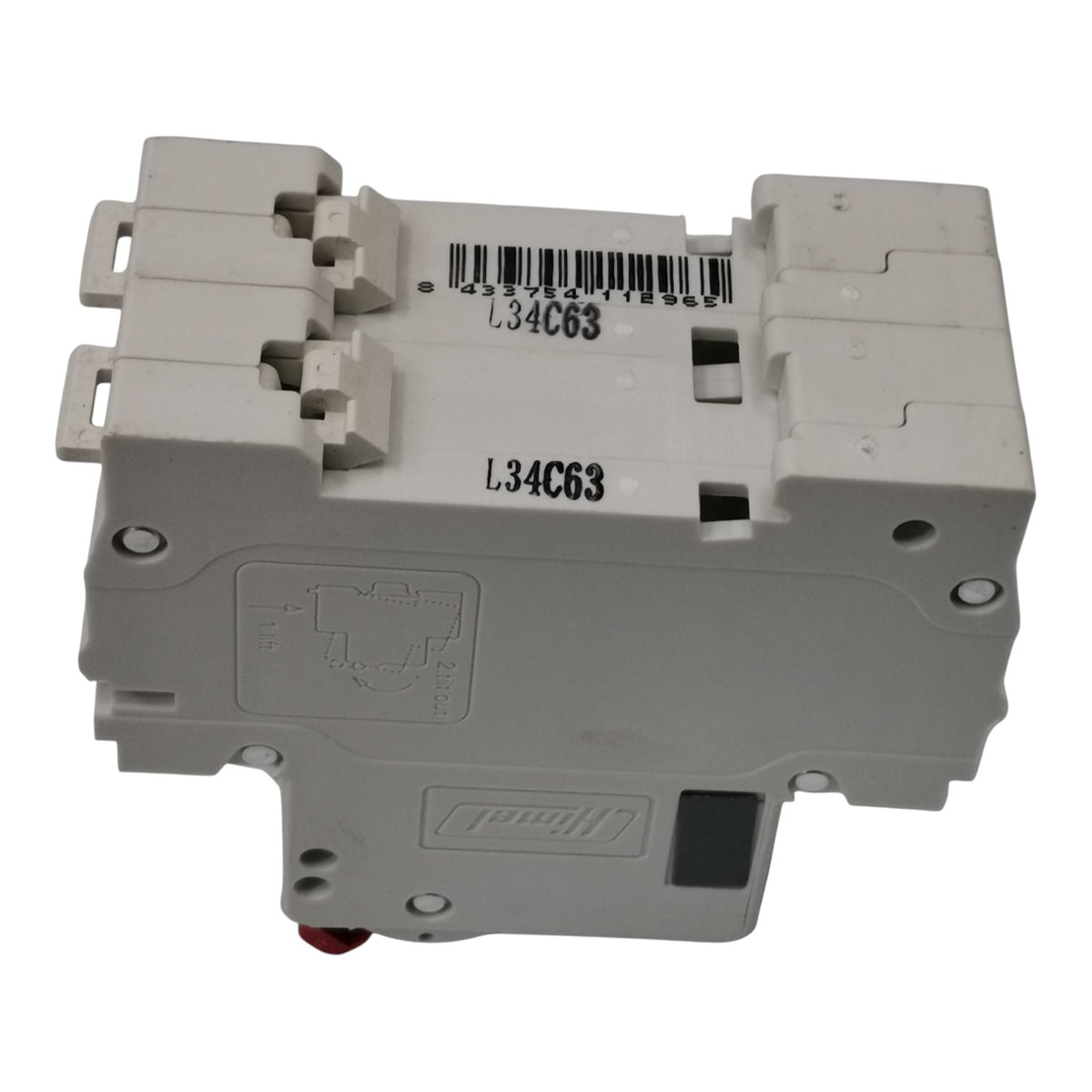 Gray mechanical component with barcode and text on a white background