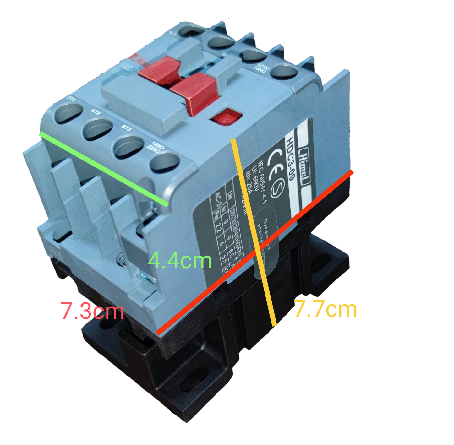 Himel magnetic contactor 9A 220V showing size measurements and control buttons for electrical applications
