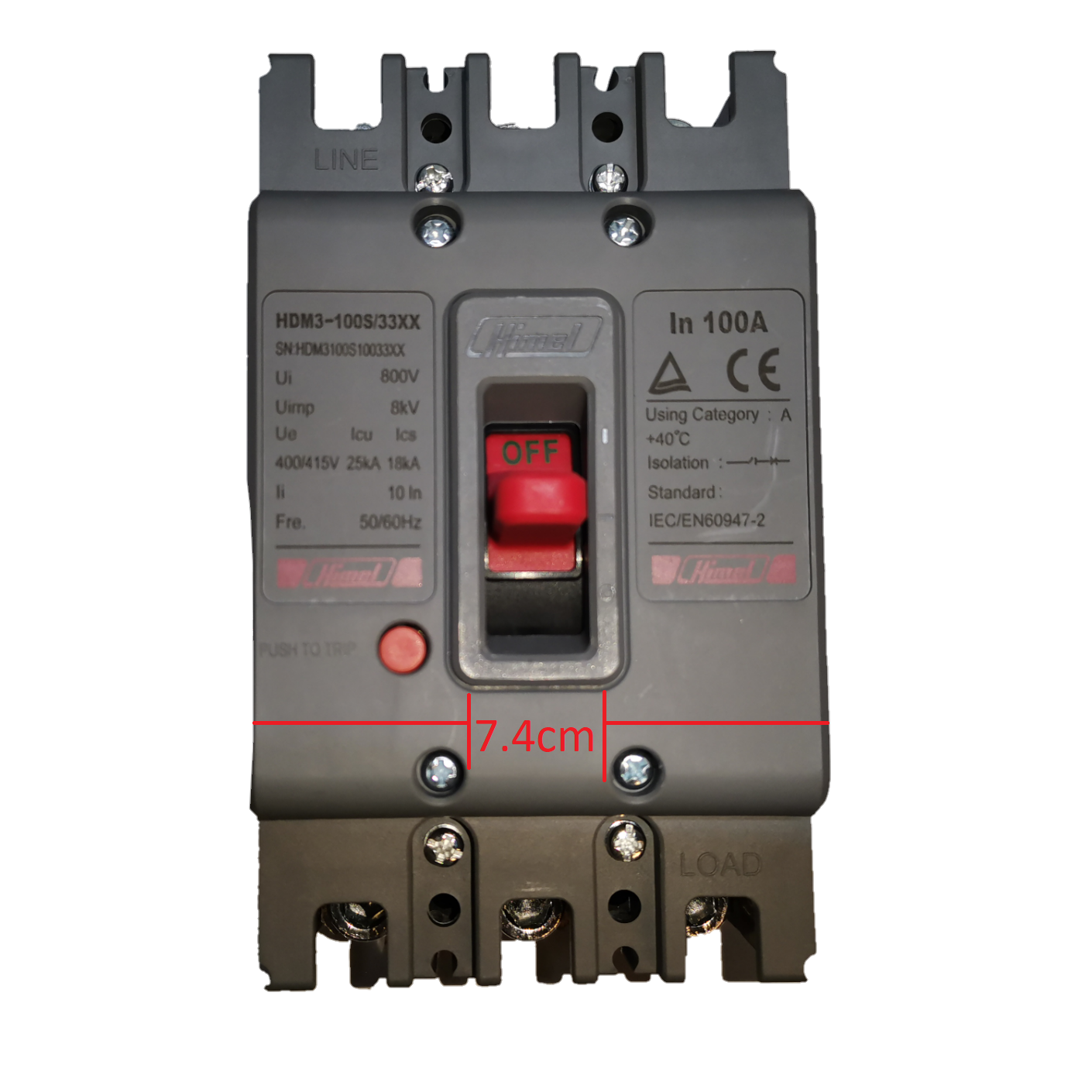 Himel 100A 3 Phase 3 Pole MCCB circuit breaker with red switch and technical specifications