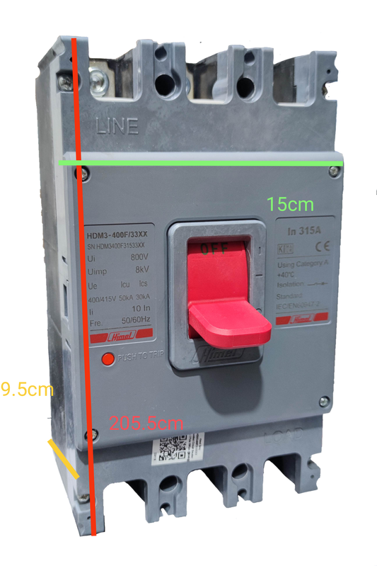 Himel 315A Industrial Circuit Breaker 3 Phase with red switch handle and grey casing