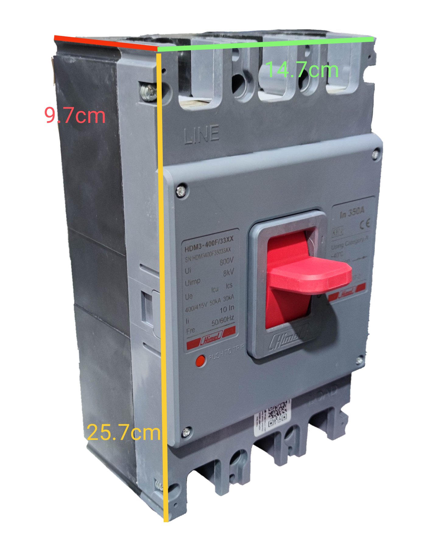 Himel 350A Industrial Circuit Breaker 3 Phase with red switch and gray casing for electrical safety