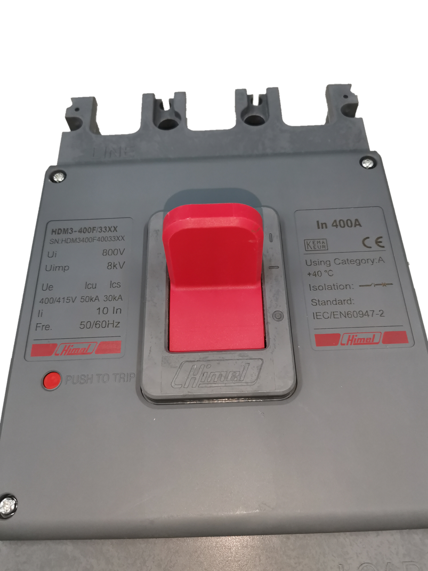 Himel 400A Industrial Circuit Breaker 3 Pole 35Kaic with red toggle switch and gray casing