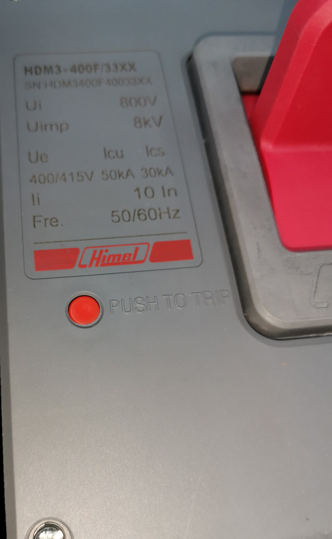 Himel 400A Industrial Circuit Breaker 3 Pole 35Kaic with red push to trip button and detailed specifications