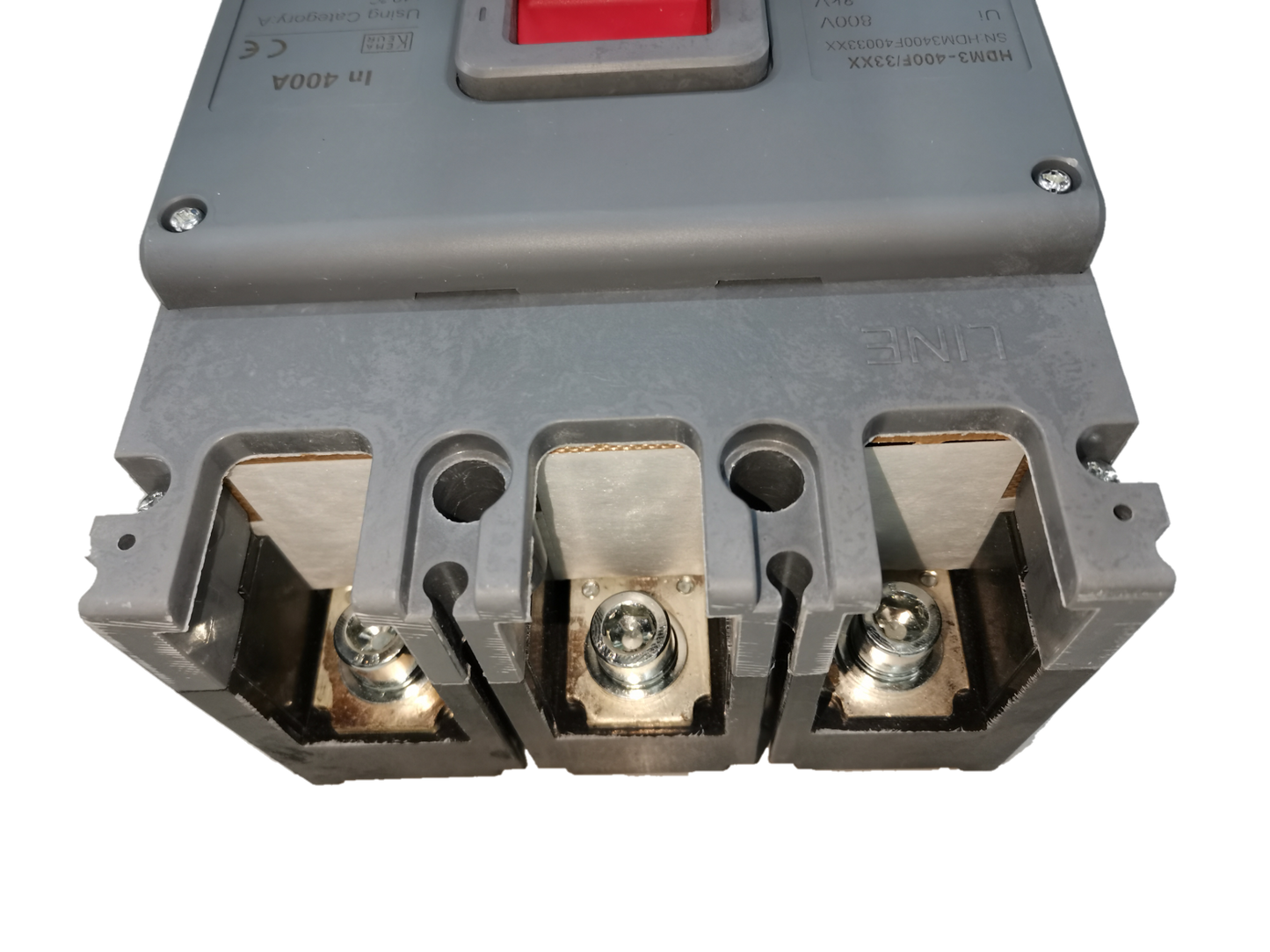 Himel 400A Industrial Circuit Breaker 3 Pole 35Kaic with metal connectors and gray casing