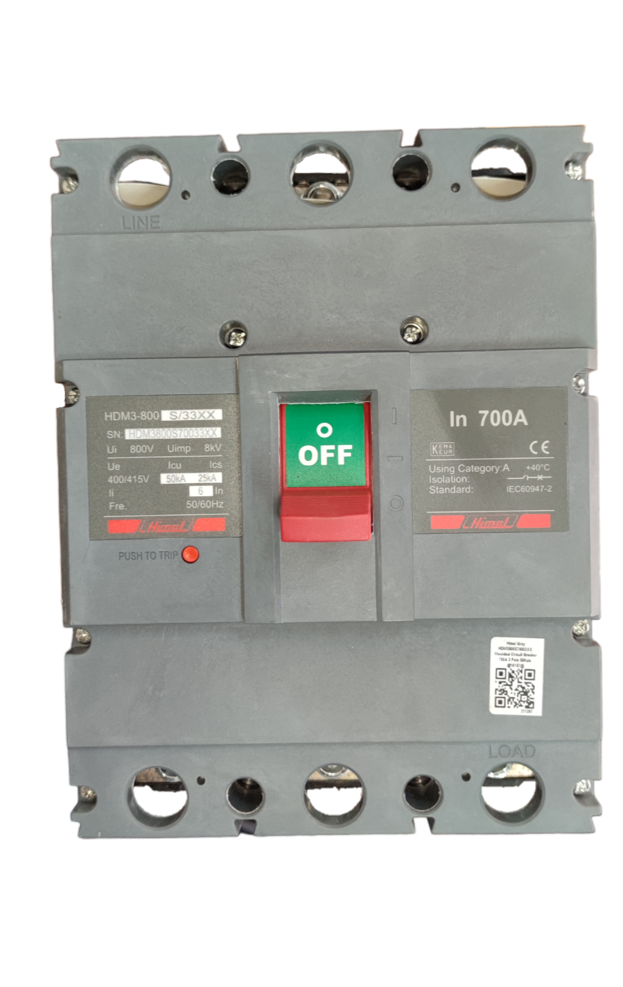 Himel 700A 3 Pole Industrial Circuit Breaker with red off switch and gray casing