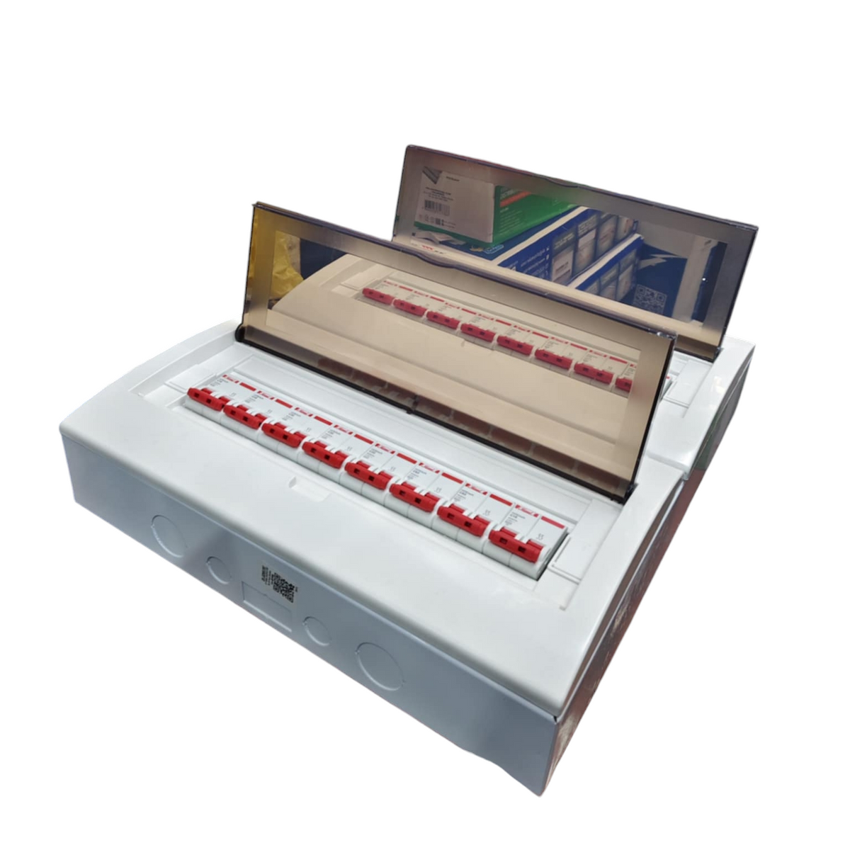 Himel HDB Breakers Panel Board 50A 2 Pole electrical circuitry panel with multiple red switches and transparent cover