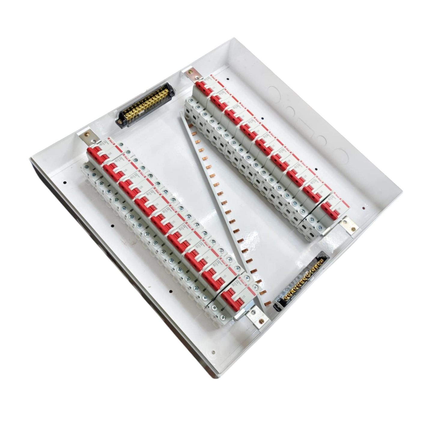 Himel 17 branch 2 pole circuit breaker distribution panel by Himel and ZY with dual DIN rails and red toggle breakers