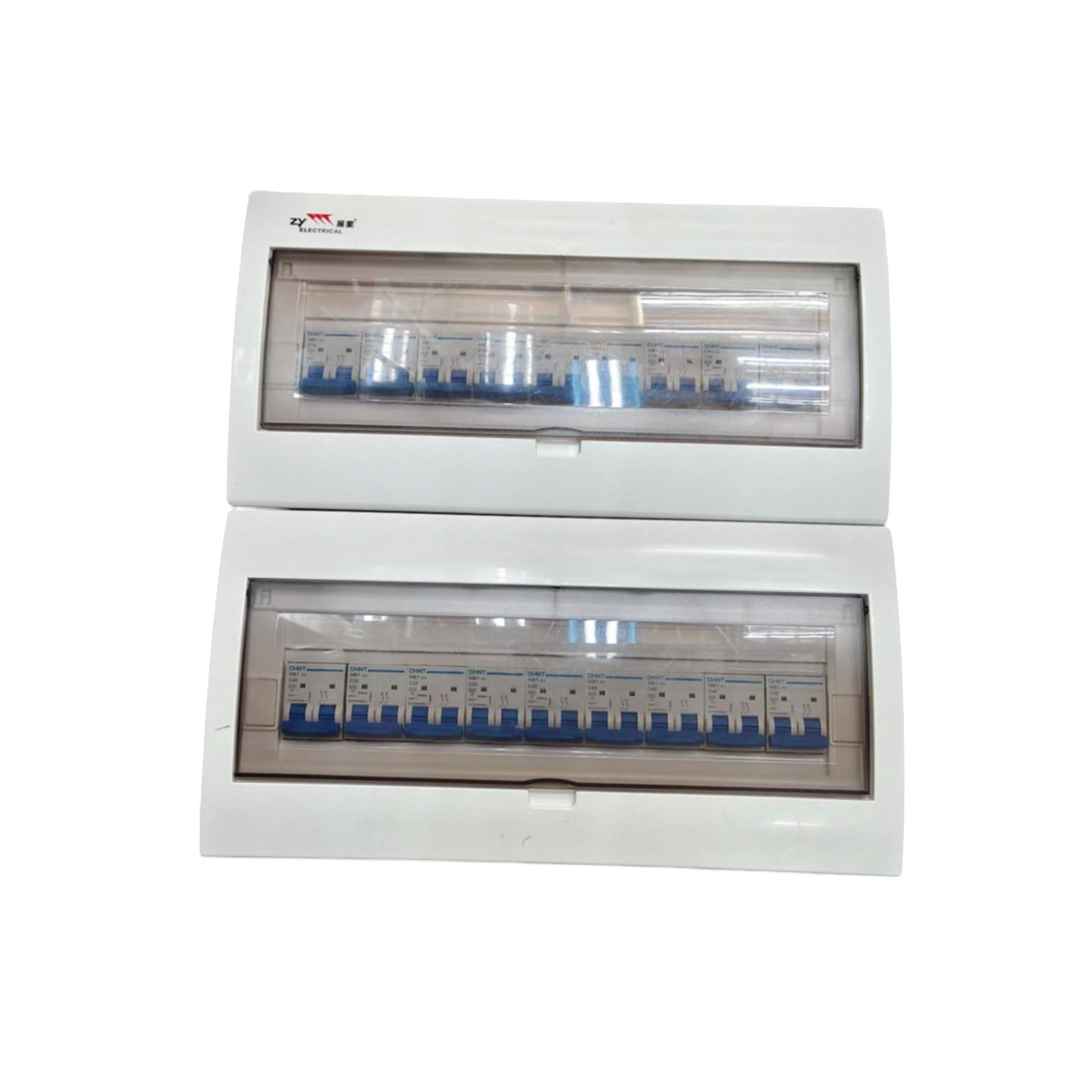 Himel 17 branch 2 pole MCB panel in dual white enclosure with clear covers showing multiple circuit breakers for home use