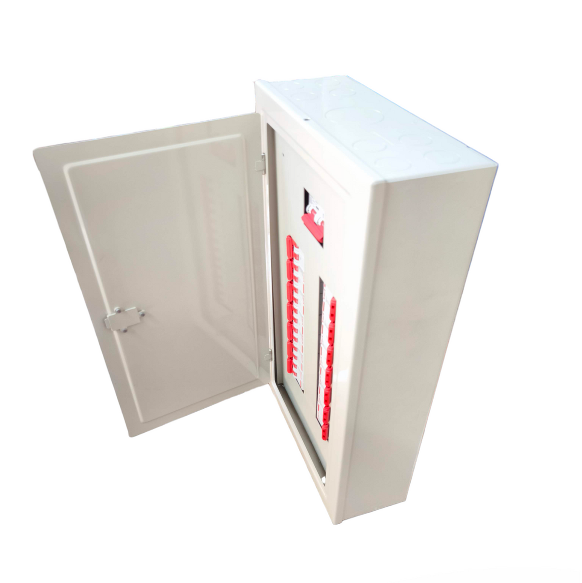 Koten and Himel Himel 2 pole MCB panel board white metal enclosure with open door showing red MCB rows