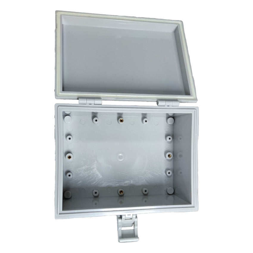 Open Grippes hinged outdoor junction box 21x16x9cm with multiple entry points for wiring