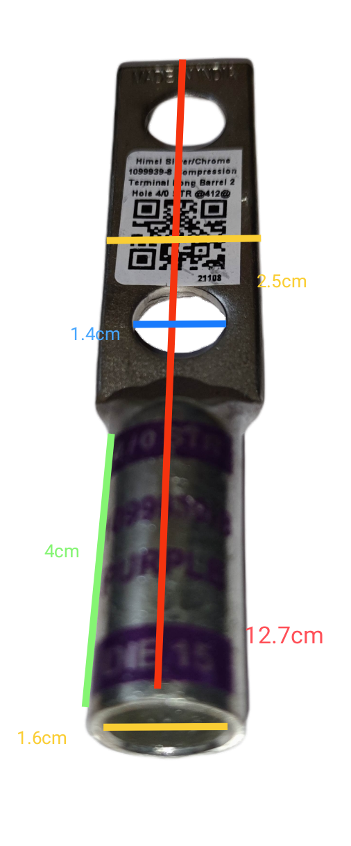 Utilux Terminal Lugs Compression Type Long Barrel electrical connector with measurements visible