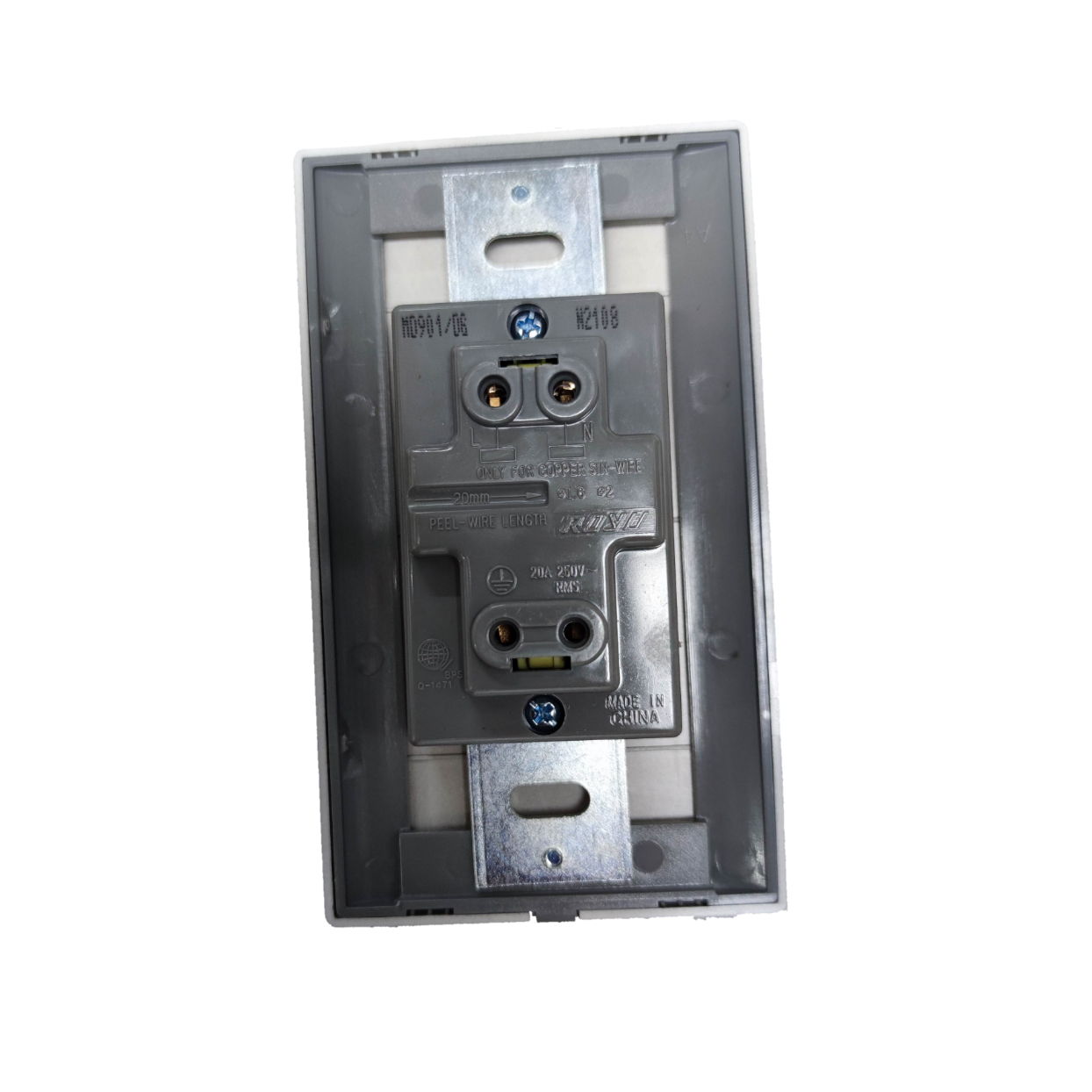 Royu Tandem Outlet with Plate Dark Gray showing rear view metal mounting bracket and screws