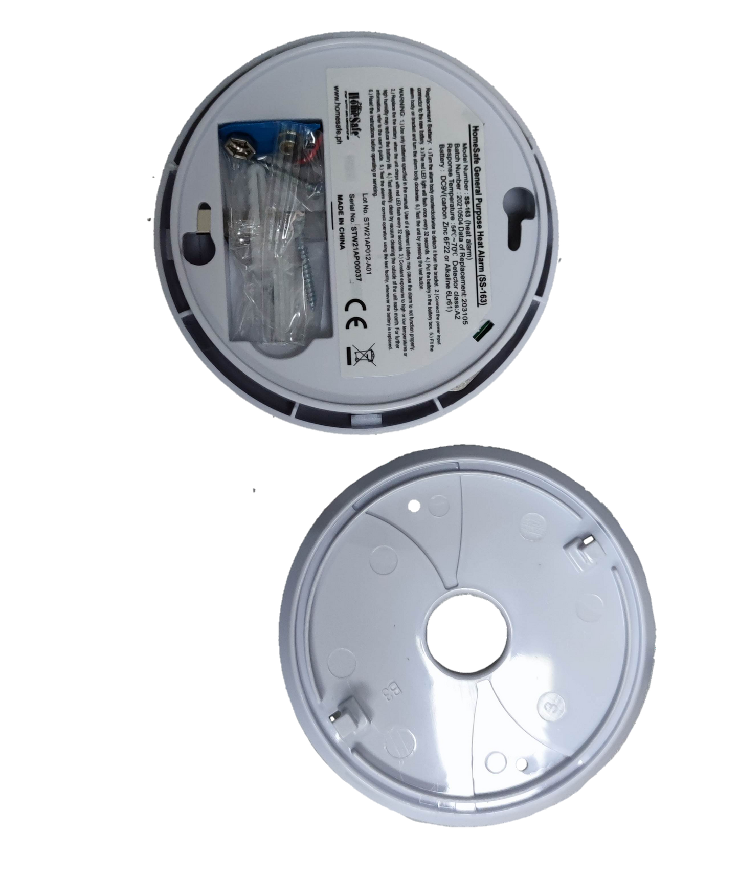 ZwitseRise Heat Detector 9V white circular fire alarm base components with mounting hardware