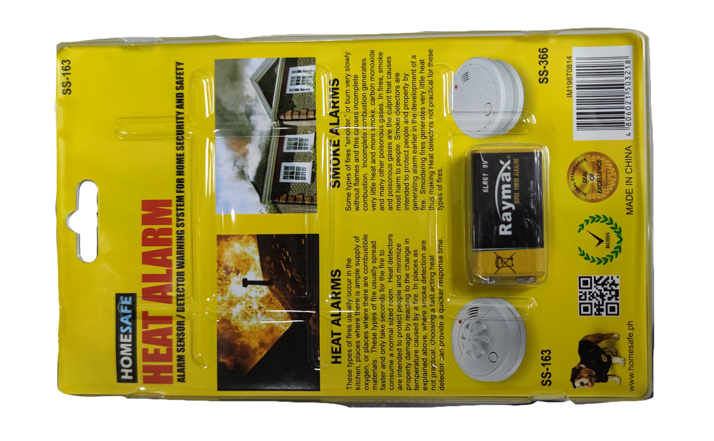 ZwitseRise Heat Detector 9V packaging showing fire alarm detectors and Raymax battery on yellow background