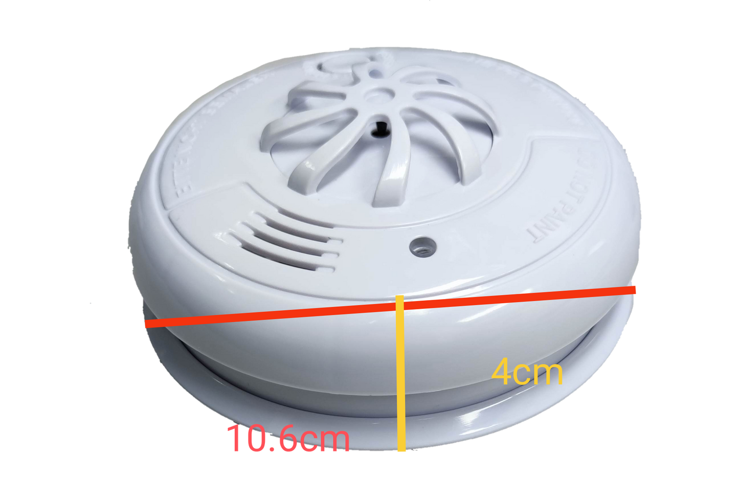 ZwitseRise Heat Detector 9V smoke alarm with white circular design measuring 10.6 cm by 4 cm