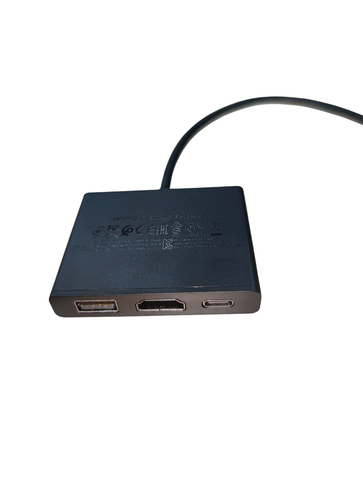 Black USB-C to Multi-port Hub with USB, HDMI, and USB-C ports and attached cable