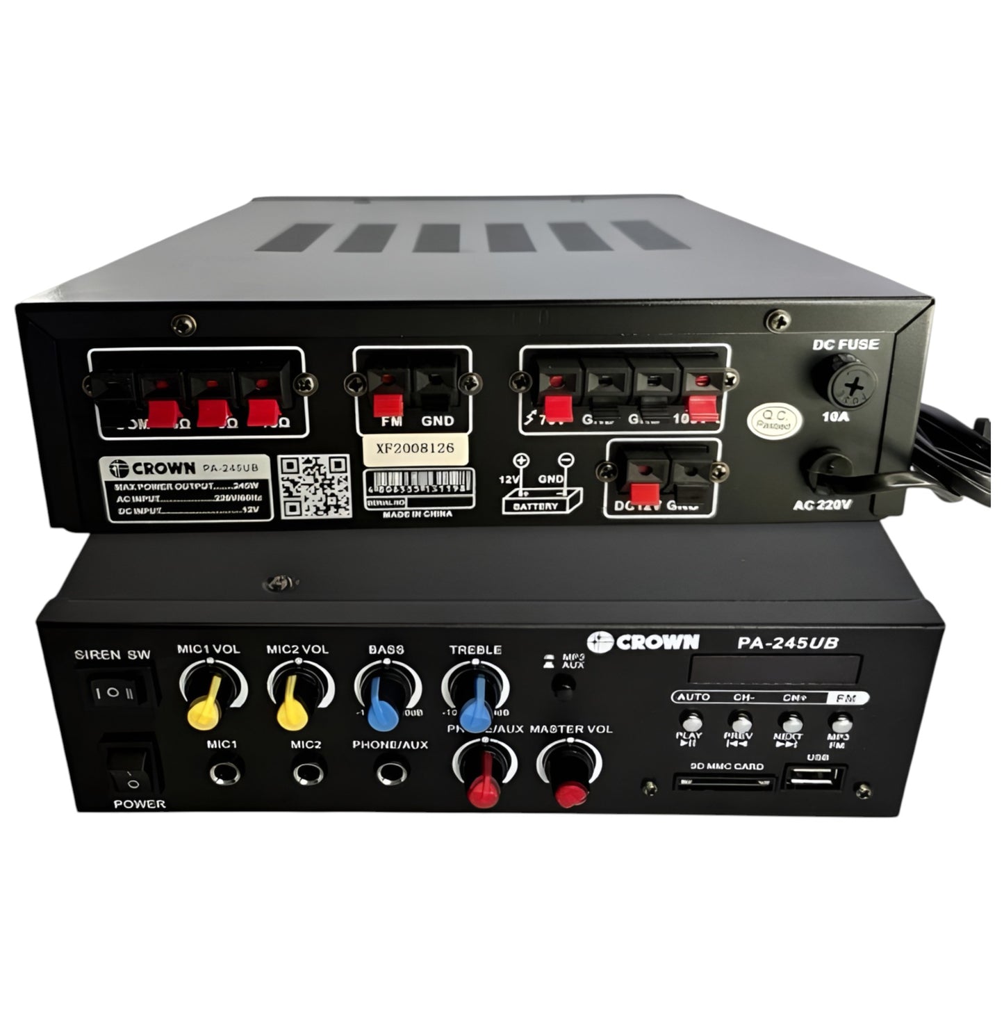 Crown 245W Public Address Amplifier 12V DC or 220V AC PA-245UB Bluetooth USB/SD Port MP3 Input Build in Siren FM Tuner 2 Mic Input