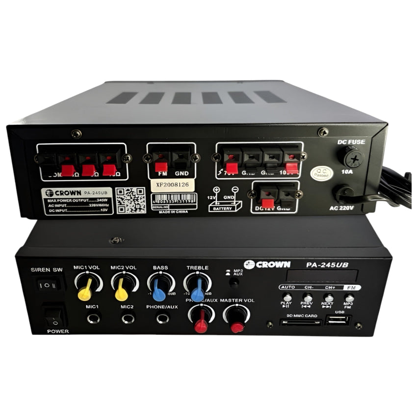 Crown 245W Public Address Amplifier 12V DC or 220V AC PA-245UB Bluetooth USB/SD Port MP3 Input Build in Siren FM Tuner 2 Mic Input