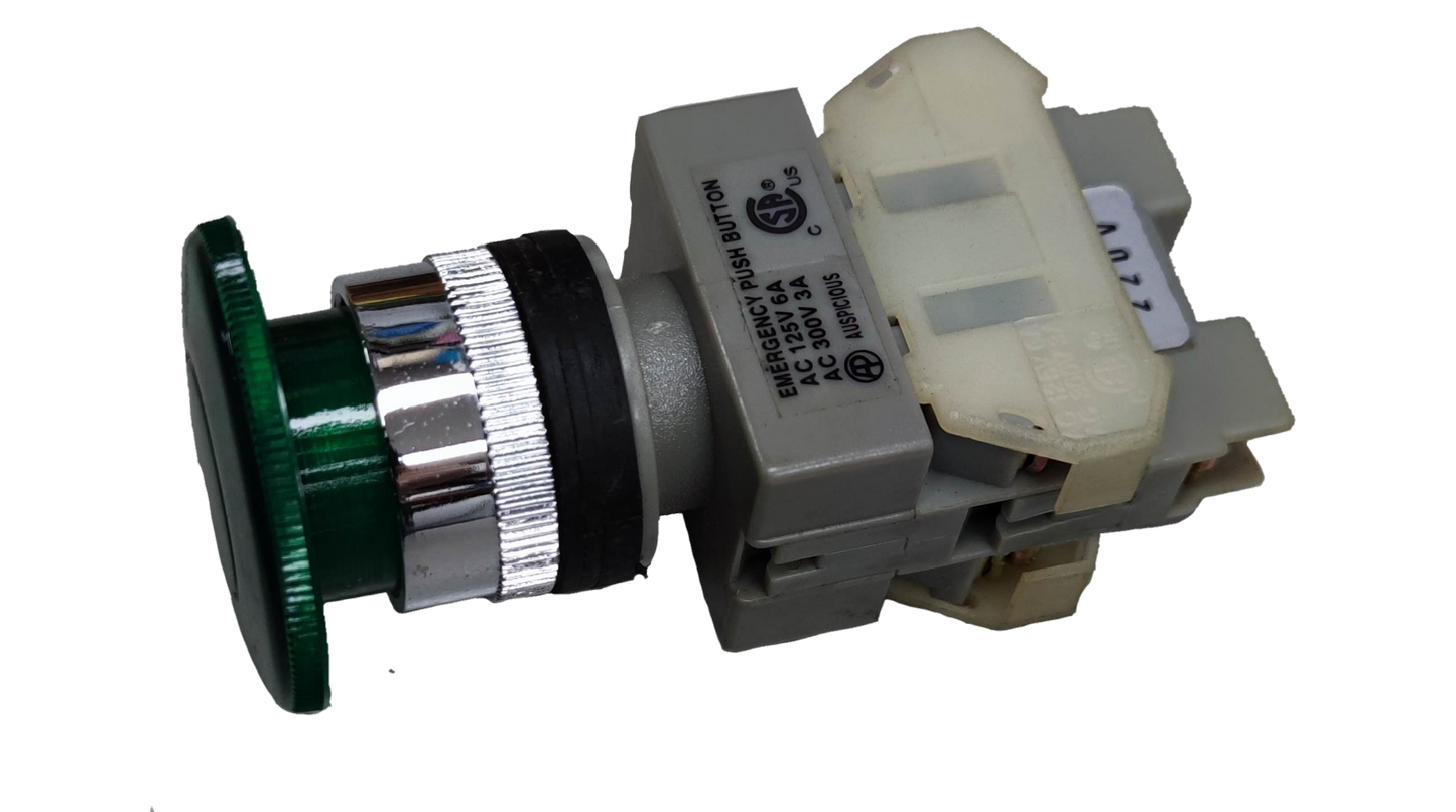 Auspicious illuminated emergency push button switch with green button and grey housing for power points and switches