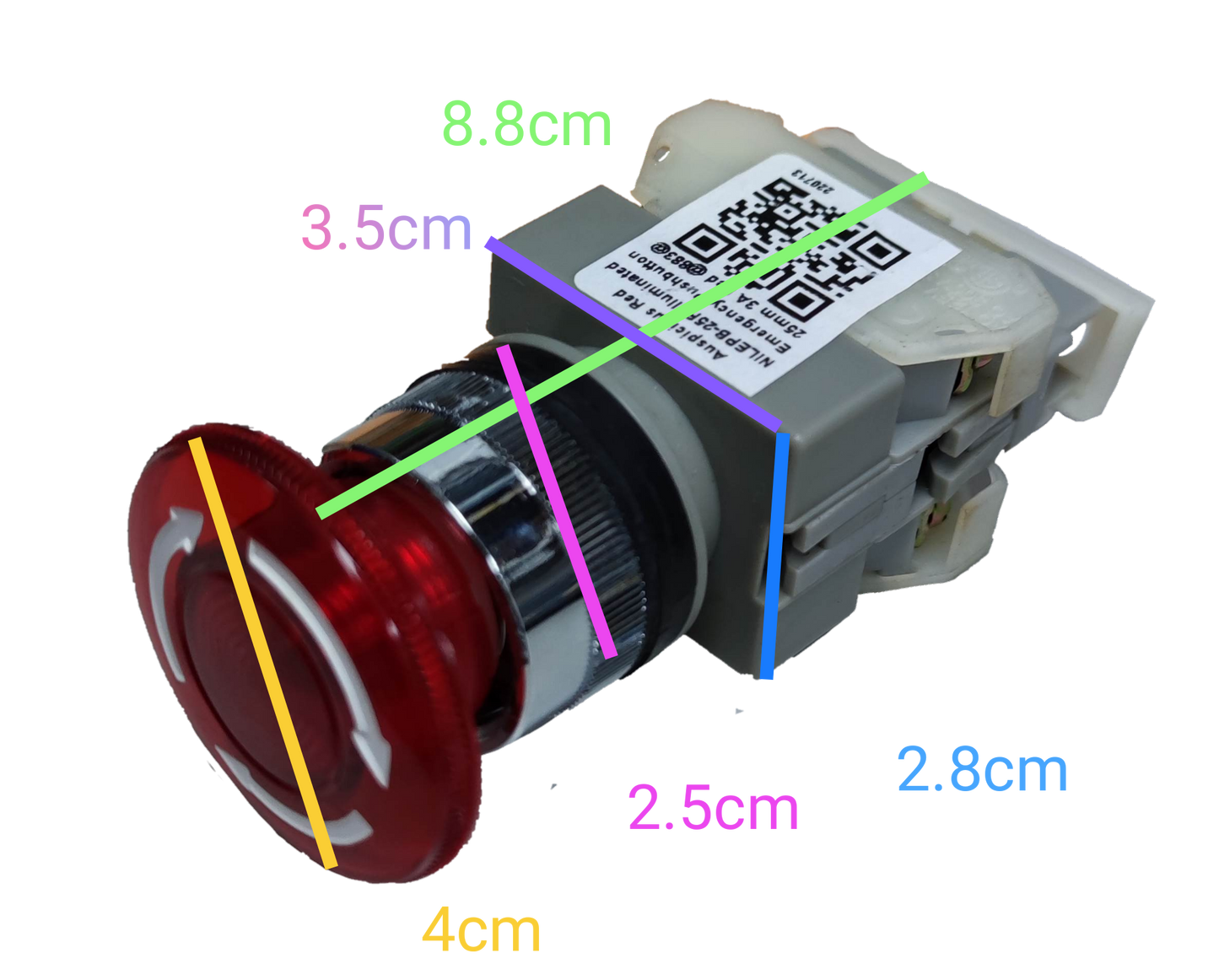 Auspicious illuminated emergency stop push button with red circular actuator and dimensions labeled