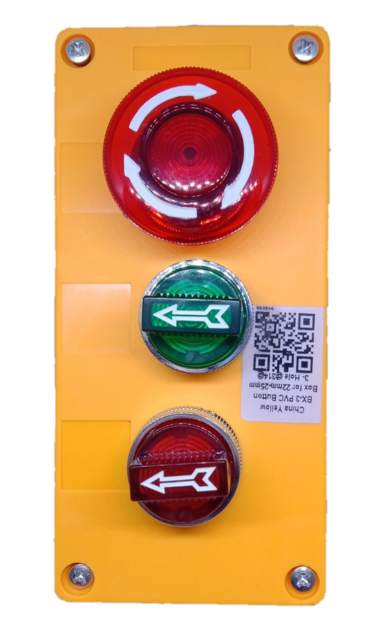 Auspicious illuminated emergency stop switch with red and green buttons on a yellow panel for power control