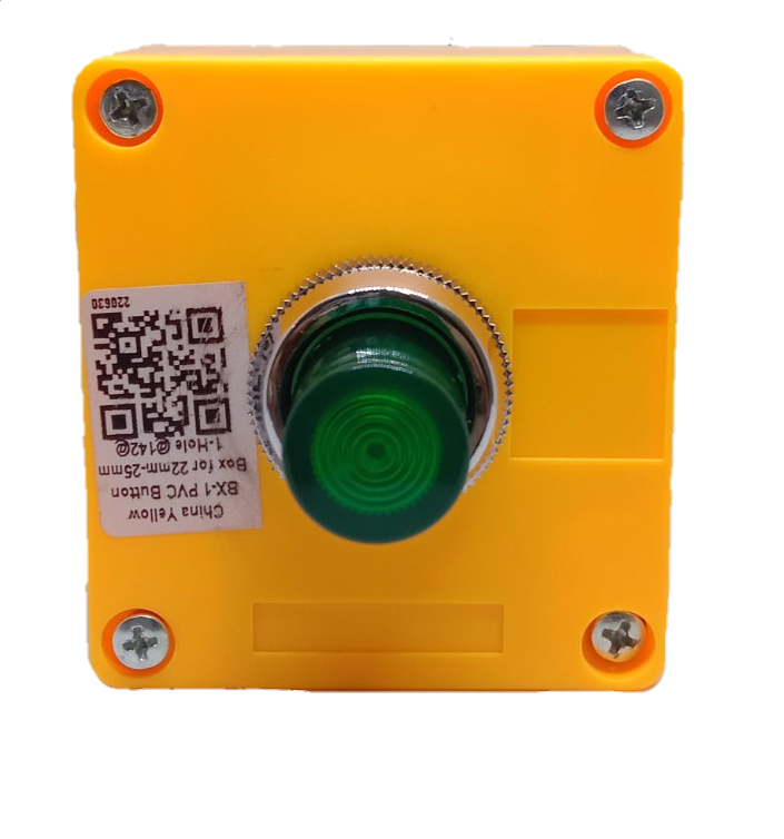 Auspicious illuminated push button green 220V mounted on yellow square base with screws