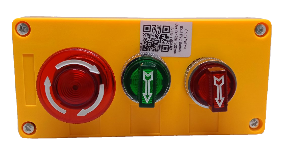 Auspicious yellow emergency control panel with illuminated twist to unlock emergency button in red and green