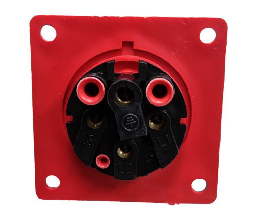 Grippes 16A industrial plug chassis type with red and black wiring connections for power points and switches