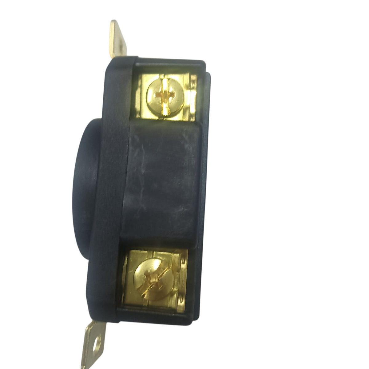 Grippes 30A twist lock outlet NEMA L15 side view showing black body with brass terminal screws and mounting ears