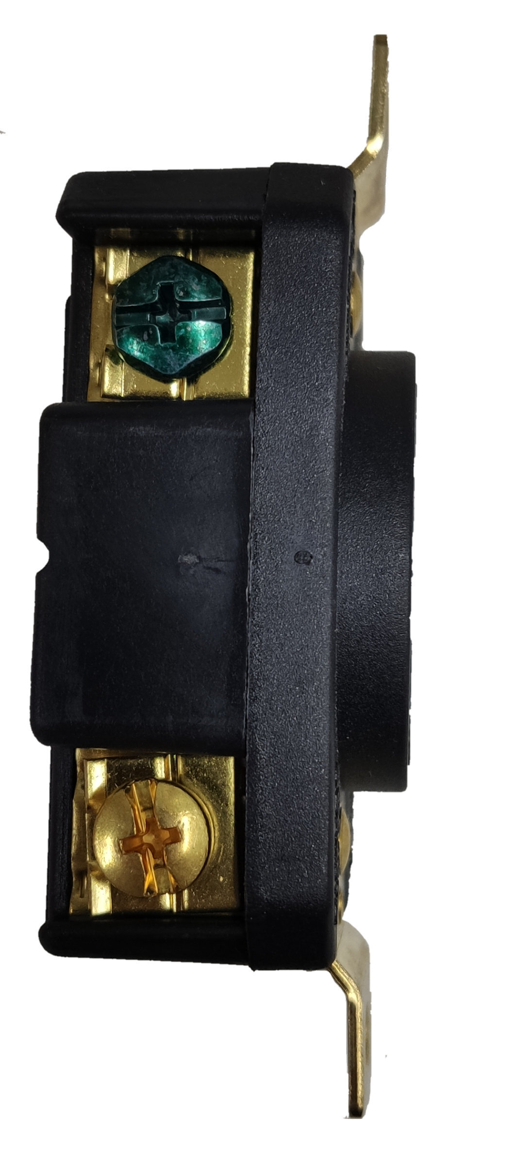 Grippes black round 30A twist lock outlet NEMA L6. panel mount receptacle with brass terminals and green ground screw