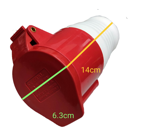 Grippes industrial 32 amp power socket in red and white with measurements 14cm by 6.3cm