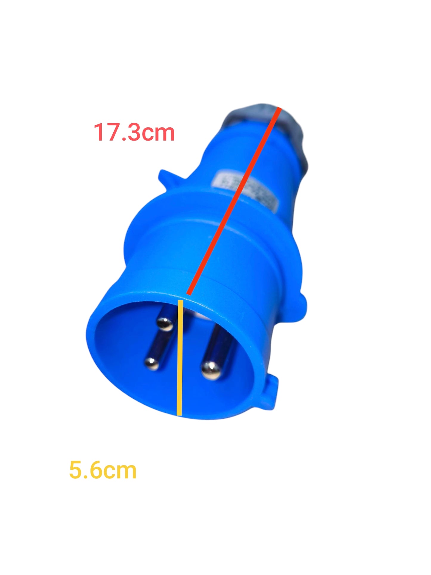 Grippes blue 32A industrial plug with three metal pins and measurements visible