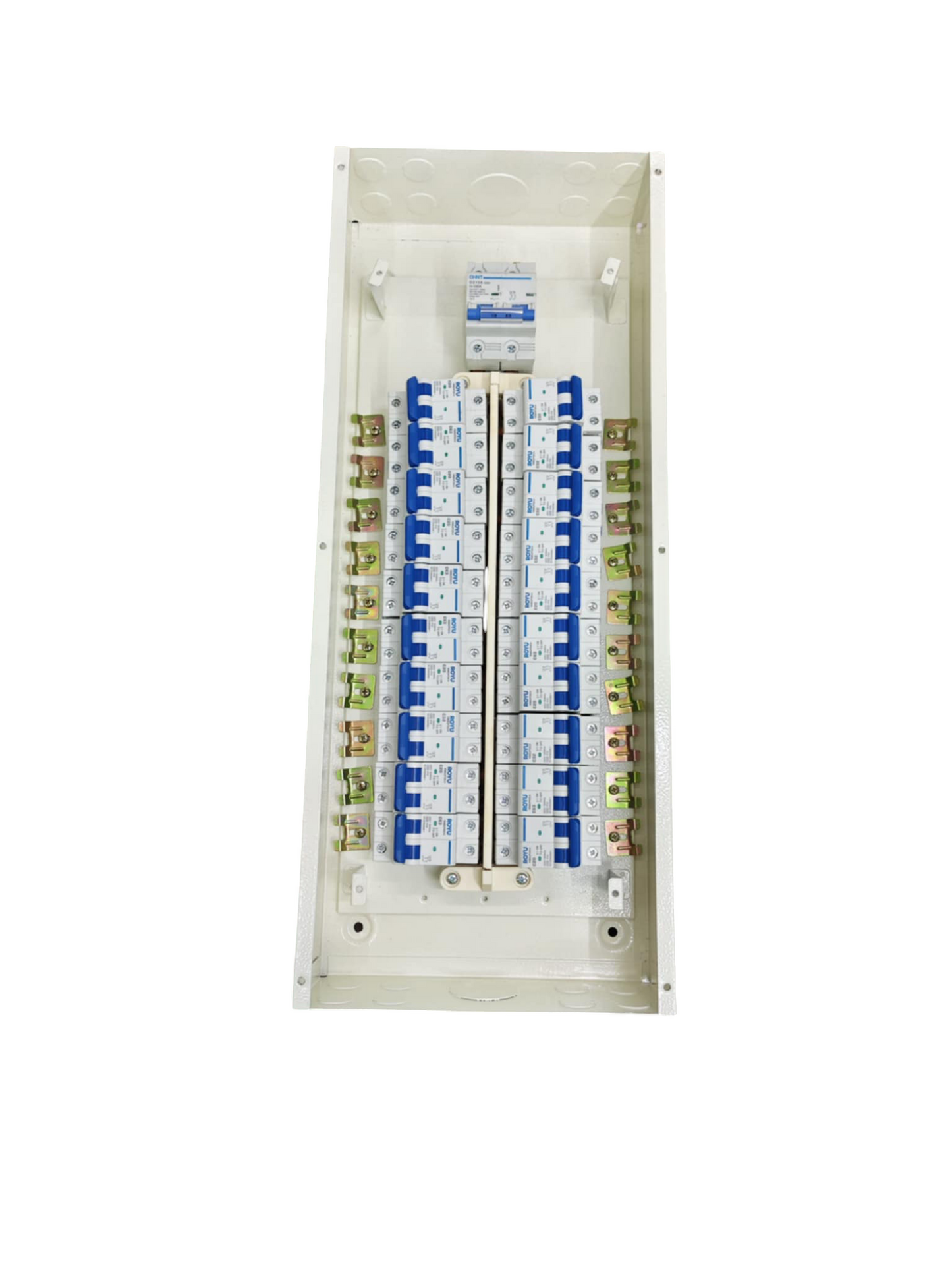 industrial circuit breaker panel 125 amp with multiple circuit breakers and white casing
