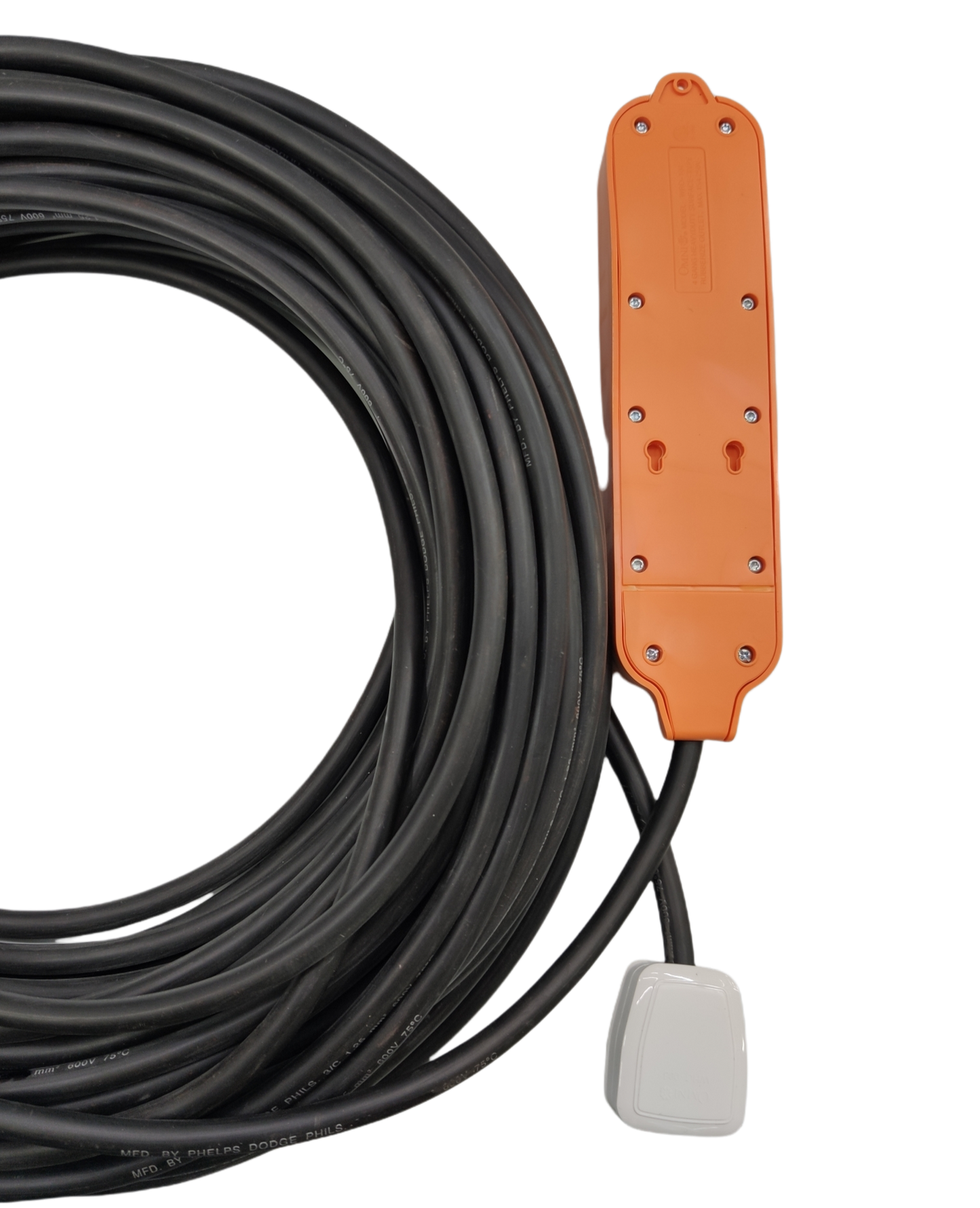 Coiled heavy duty black cable with orange inline outlet box and white plug Phelps Dodge omni plug extension cord