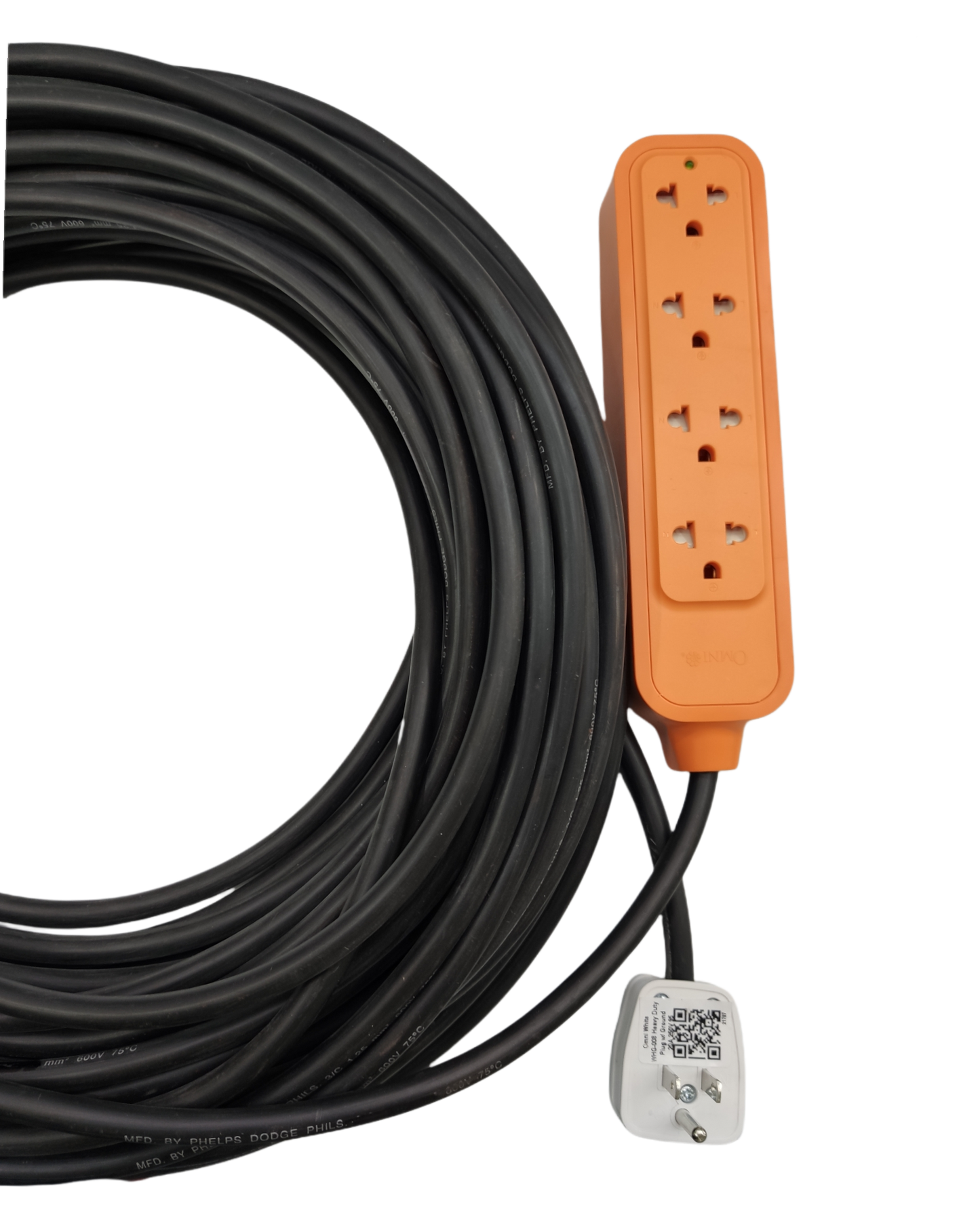 Phelps Dodge omni plug extension cord long black cable with orange 4 outlet power strip and grounded plug